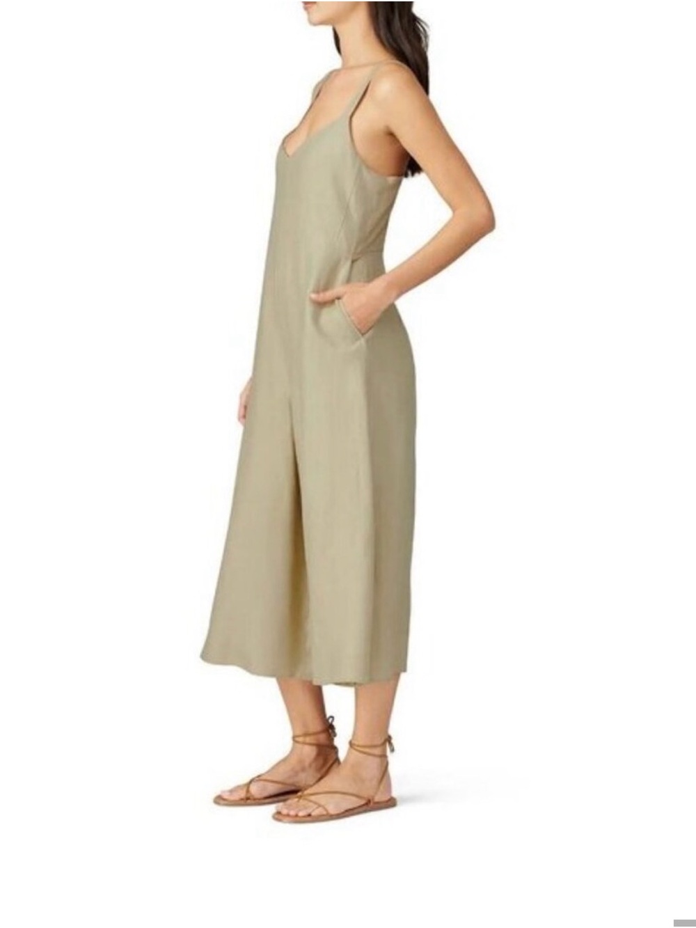 Club Monaco Light Olive Sleeveless V-Neck Wide-Leg Jumpsuit - Picture 3 of 13